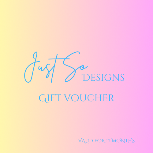 Logo for Just So Designs, a baby and childrenswear brand based in Witney, Oxfordshire. All clothing and accessories are handmade by the owner, Sophie. Gift Cards are available from £10