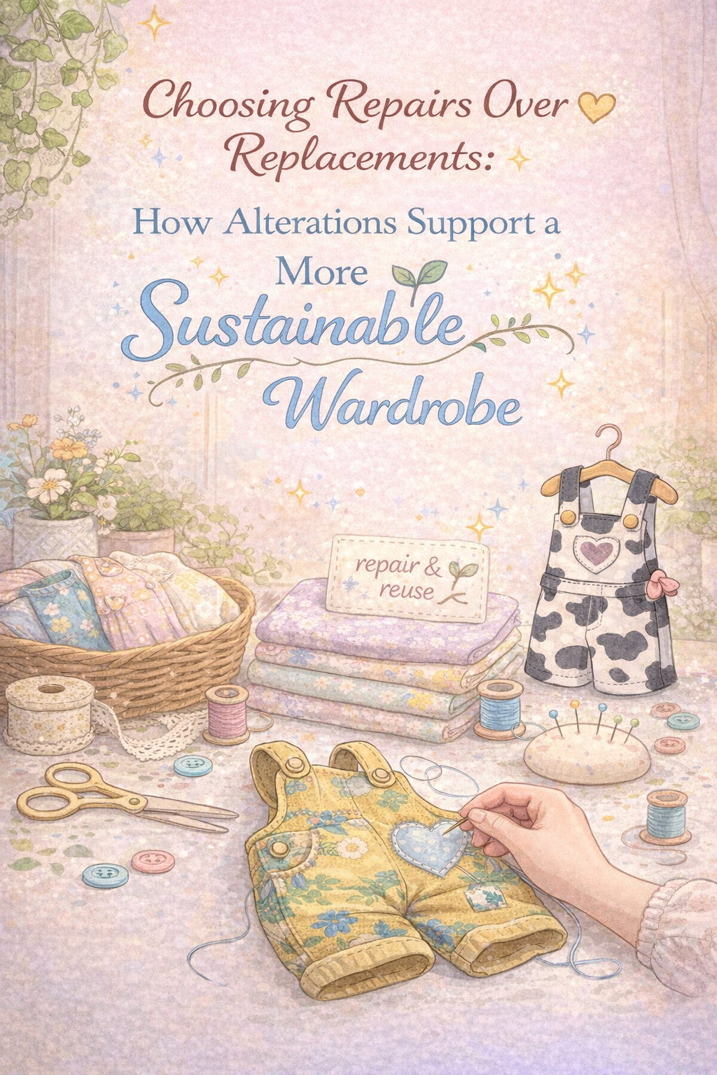 Pastel illustration of a sewing workspace with handmade children’s clothing being repaired, including mended dungarees, folded fabric, thread spools, scissors, and plants, representing sustainable fashion, clothing alterations, and repairing garments instead of replacing them
