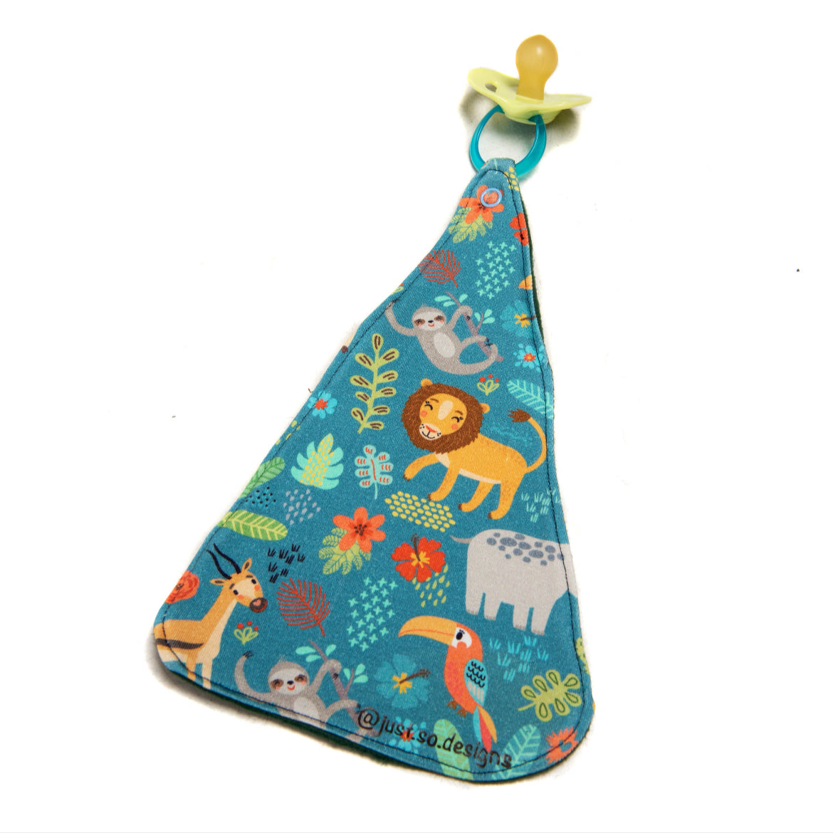 Handmade dummy comforter is the perfect soothing companion. Crafted from soft, baby safe jersey cotton and fleece. Keeps dummies and pacifiers close whilst offering cuddly comfort for little ones.