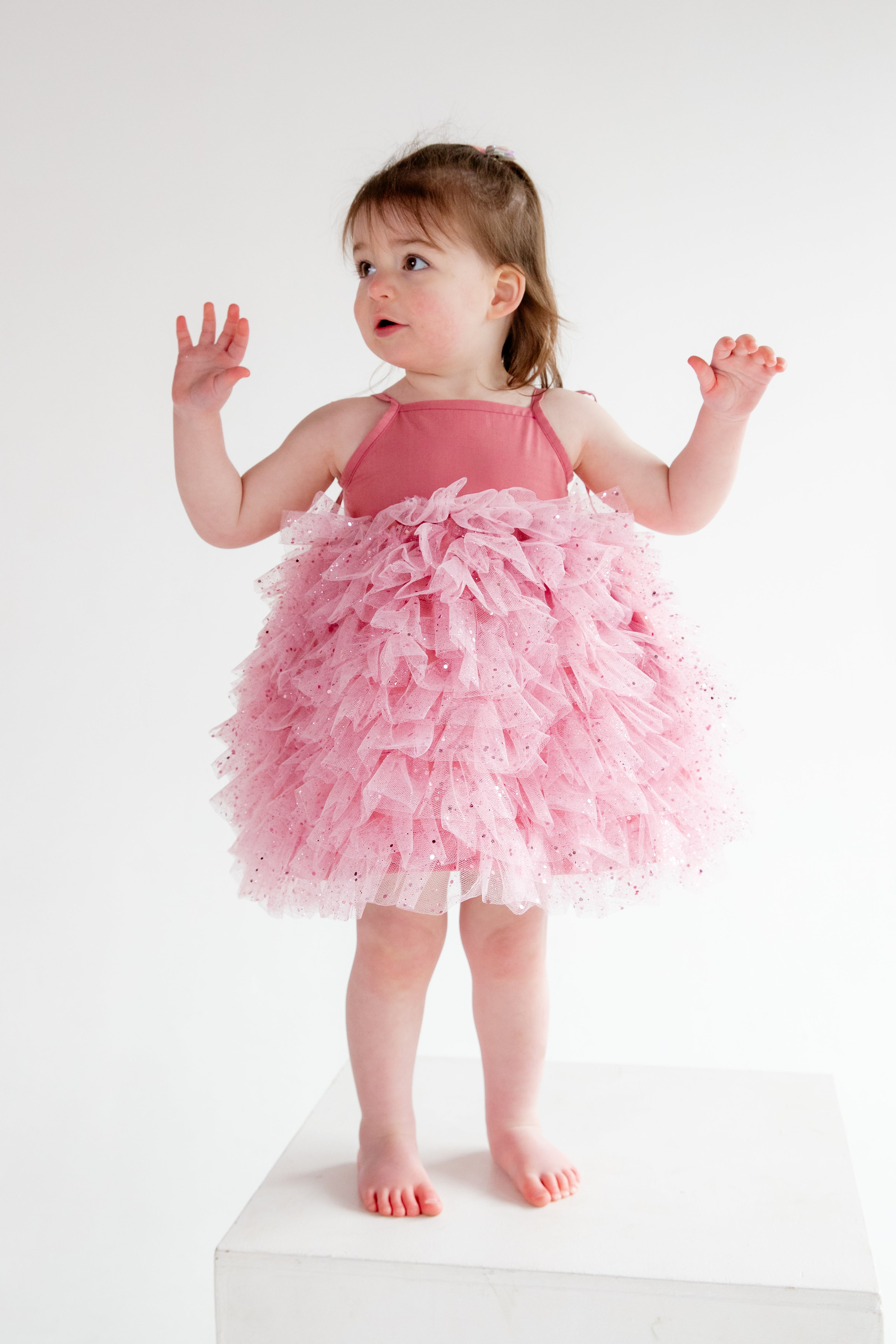 This handmade bespoke dress dazzles with layers of soft tulle, delicate sparkles, and a fitted bodice. Perfect for birthdays, photoshoots or fairy tale adventures.